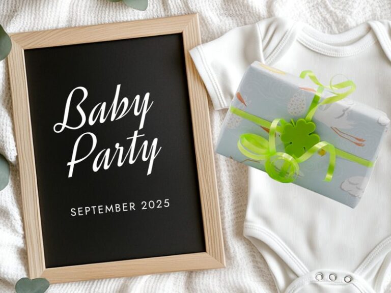 Geschenk mit grünem Kleeblatt-Clip neben einem Schild zur Babyparty