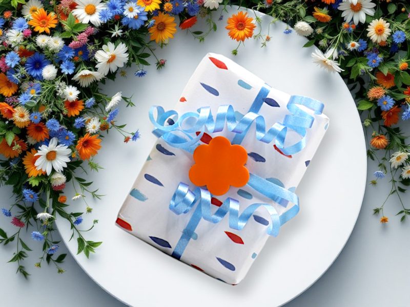 Zwei Geschenke mit Ribbclip zwischen Frühlingsblumen
