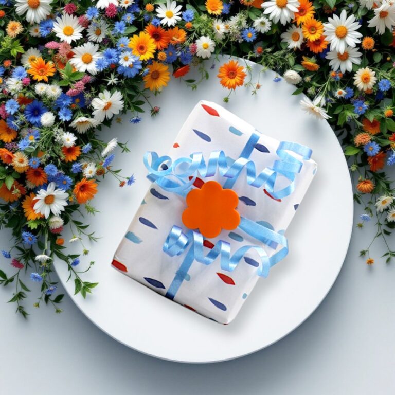Geschenk mit Ribbclip Blumenclip auf einem Teller, umgeben von Wiesenblumen