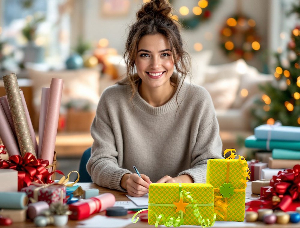 Frau verpackt Geschenke an einem Tisch mit Geschenkpapier und Bändern